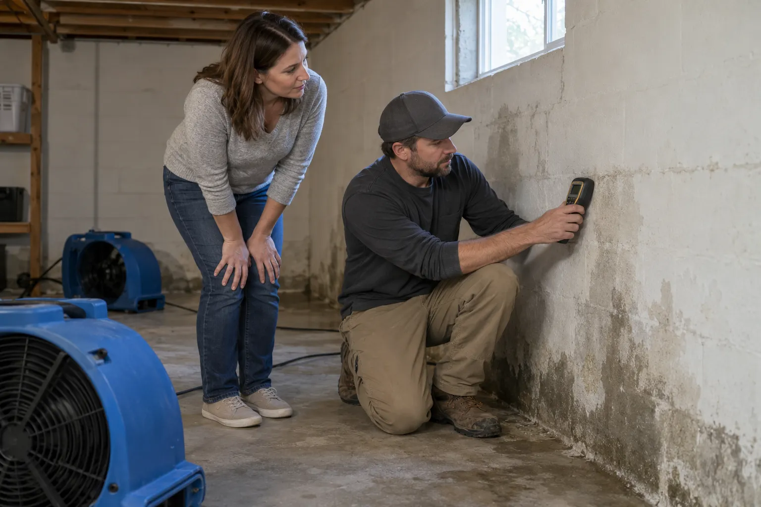 Water damage restoration technician drying a flooded living room in Flint